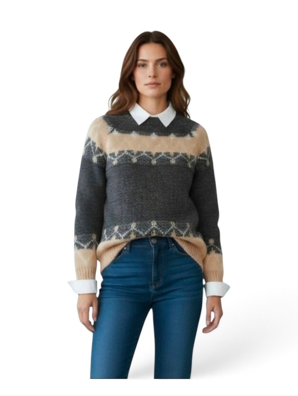 100% Mohair Fair Isle Crewneck Sweater in Charcoal and Beige XXL